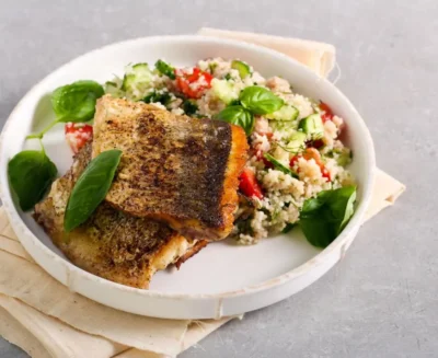 Crisp Striped Bass with Preserved Lemon, Chickpeas, and Couscous