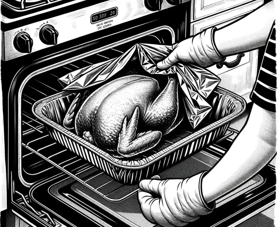 Remove the poultry from the oven and cover loosely with aluminum foil.