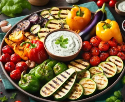 grilled veggie platter with herb yogurt dip