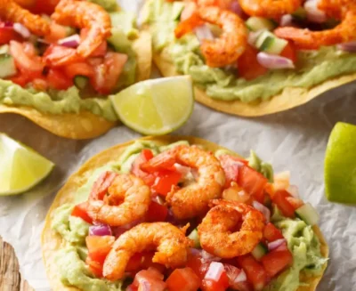 coconut chile shrimp tostadas with pineapple salsa and guacamole