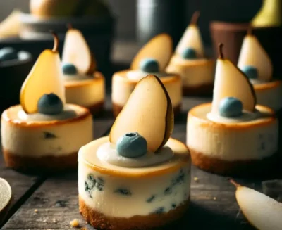 savory mini cheesecakes with blue cheese and pear