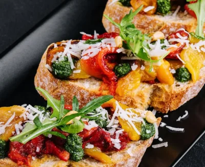 Pesto and Roasted Red Pepper Bruschetta