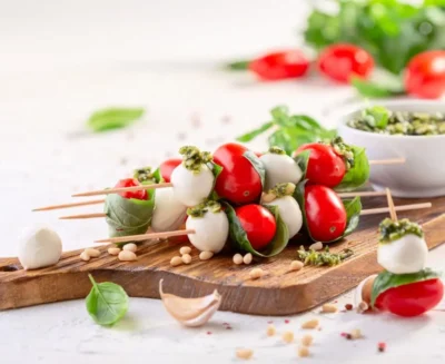 Salad Skewers with Pesto Drizzle