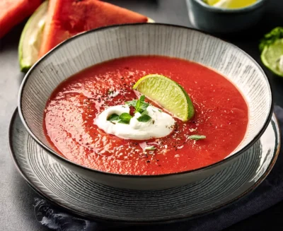 Grilled Watermelon Gazpacho with Lime Crema