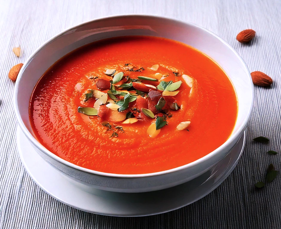 Creamy Rutabaga and Tomato Soup with Chive Oil and Smoked Almonds