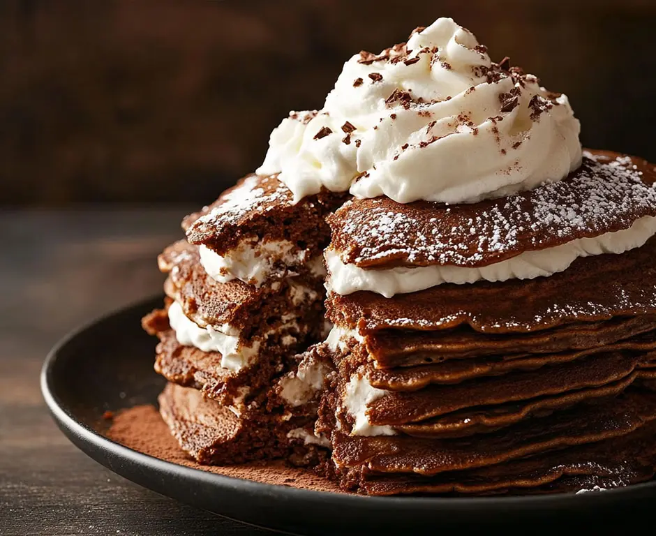 Cocoa Chocolate Pancakes with Whipped Cream