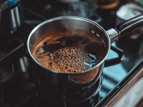 Homemade Kahlua step 1 saucepan, bring the water, sugar, and instant coffee to a boil